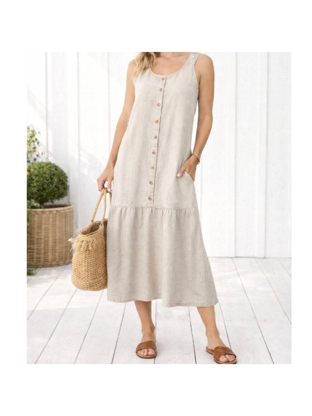 Linen Coastal Grandma Midi Dress Sleeveless Neutral Beige Coastal Summer Size L